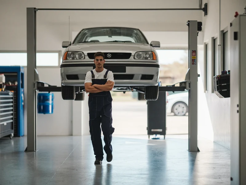 Ilustrace světlého dílenského stání s vozem na dvousloupovém zvedáku a mechanikem v overalu